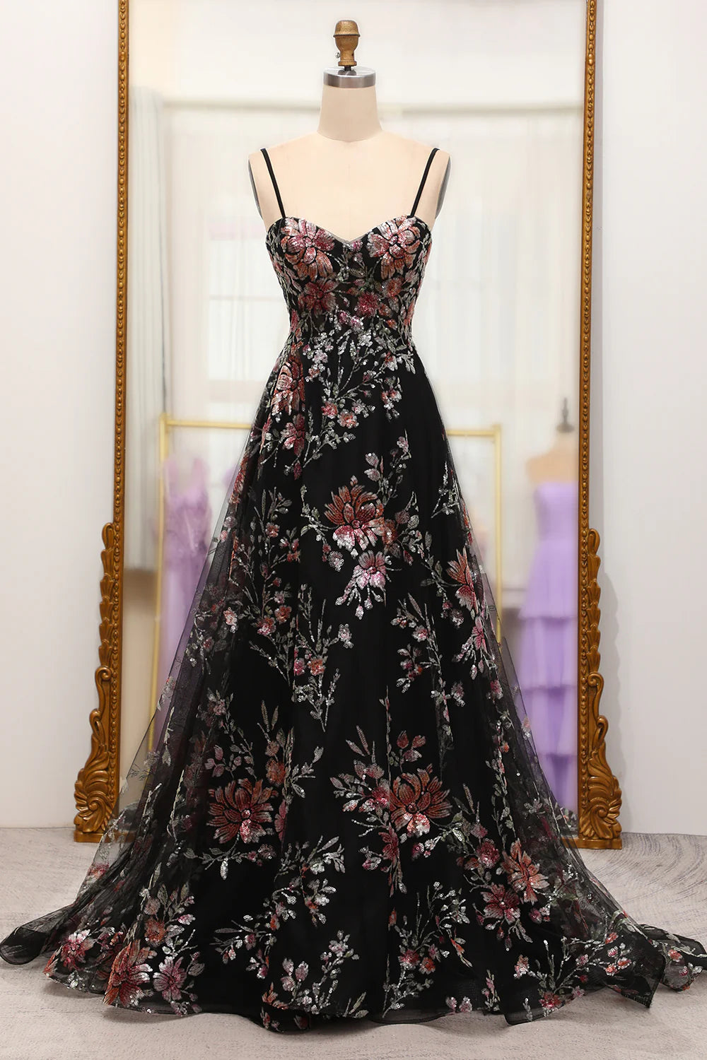 Luolandi A Line Black Floral Spaghetti Straps Printed Long Prom Dress With Flowers Beautiful